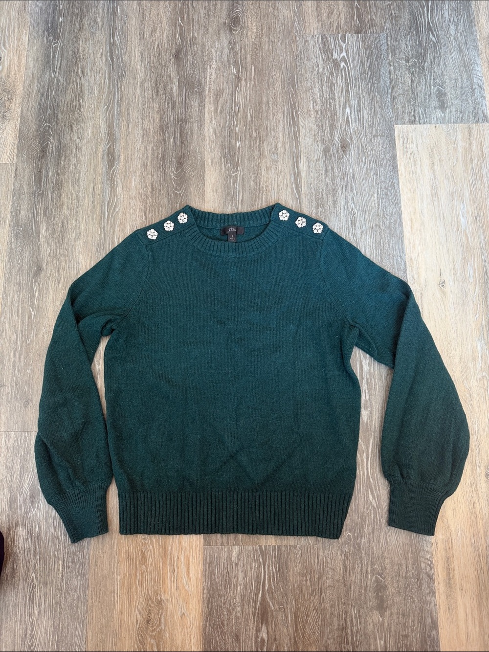 J. Crew Forest Green Sweater with Rhinestone Flower Buttons